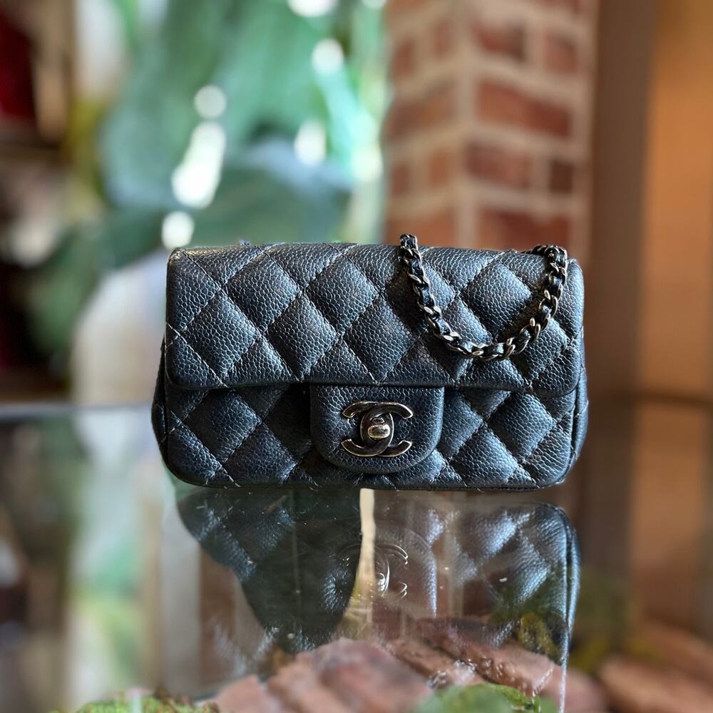 CHANEL Extra Mini Flap Metallic Blue Caviar Leather Rectangle Shoulder Bag